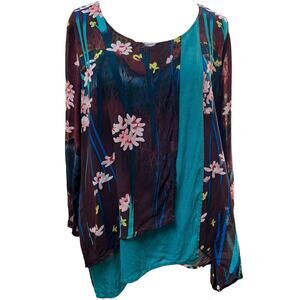 Citron Santa Monica Silk Floral Tunic Top Womens 3X Teal Brown Sheer Boho Blouse